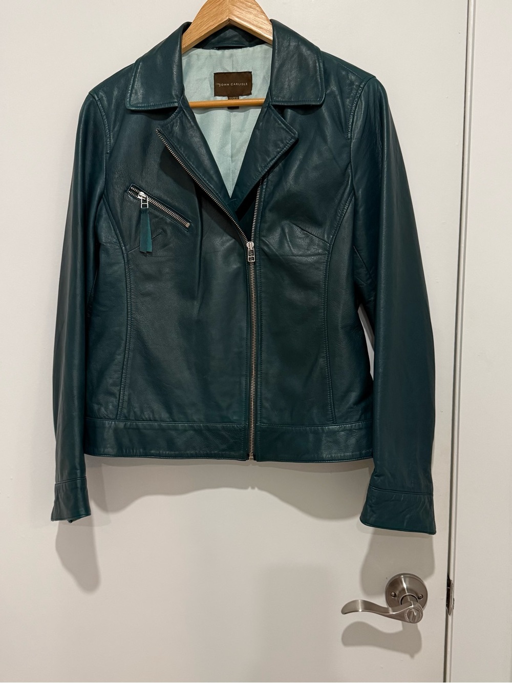 John Carlisle Genuine Leather Moto Jacket Dark Teal Green Asymmetrical Zip M
